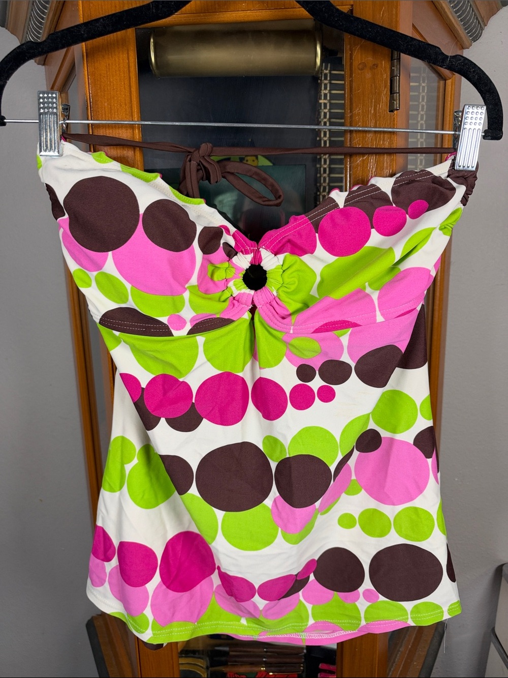 SO Women's Polka Dot Tankini Top in Bright Pink, Lime Green & Brown